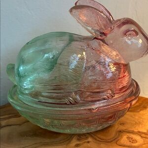 LE Smith Pink/Green Glass Bunny on Nest Lidded Dish